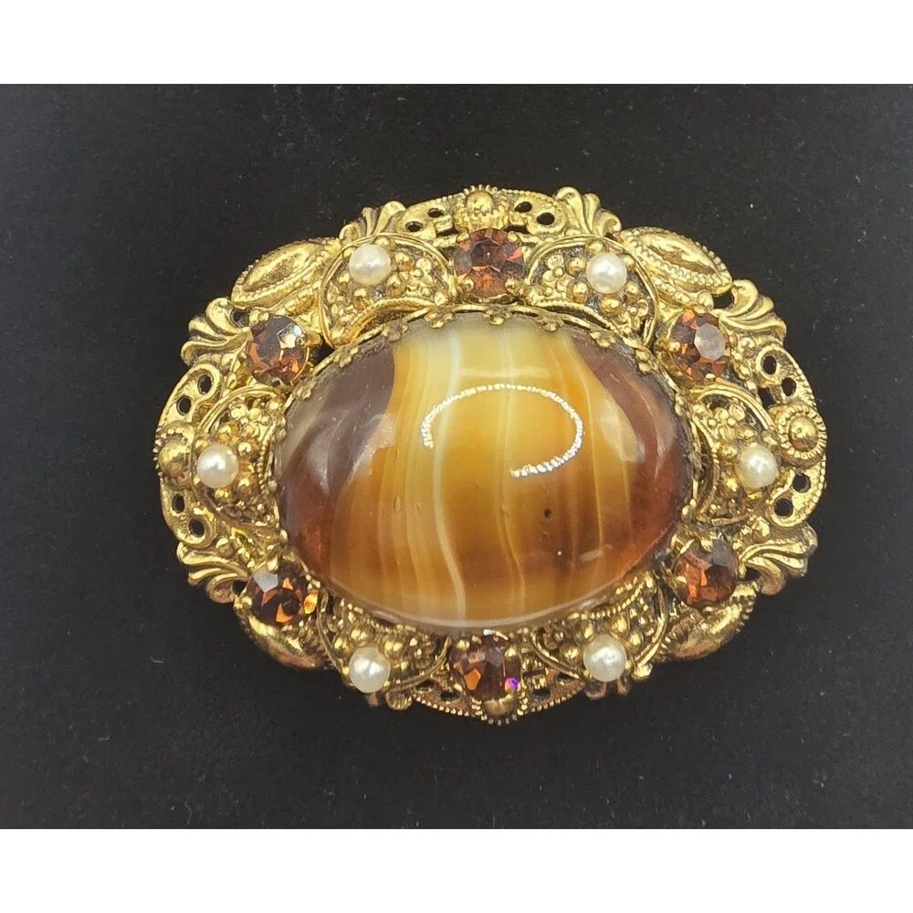 Vtg West Germany Style Gold Filigree Brooch Brown Porphyry Glass Pearl Topaz